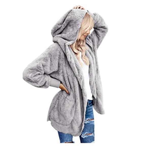Sweaters - Women Casual Fuzzy Fleece Faux Fur Hooded Cardigan